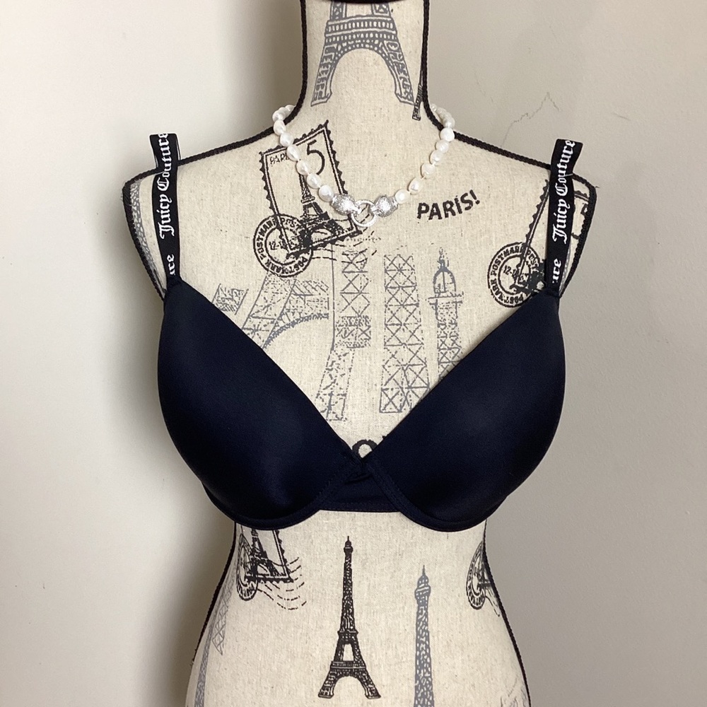 Juicy Couture Black Bra 3 Hook & Eye Back Closure Logo Straps T-shirt Bra